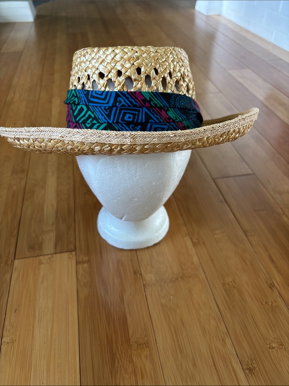 Vintage Panama Hat with Aztec Themed Bandana - Made in the USA